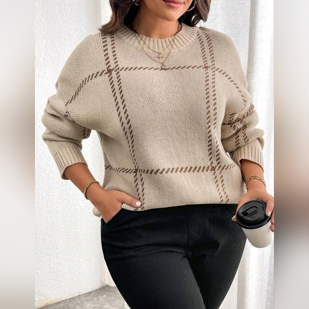 NEW Chic Plaid Pullover Knit Sweater Top Long Sleeve PLUS Beige Tan